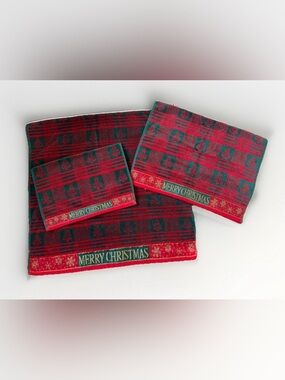 Vintage JCPenney Christmas Towel Set Red Green Plaid Tree Bath Hand Washcloth